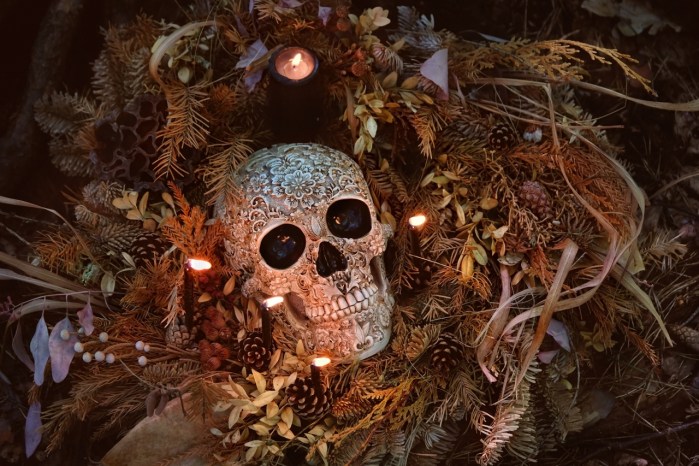Skull in midst of leaves, acorns, and candles