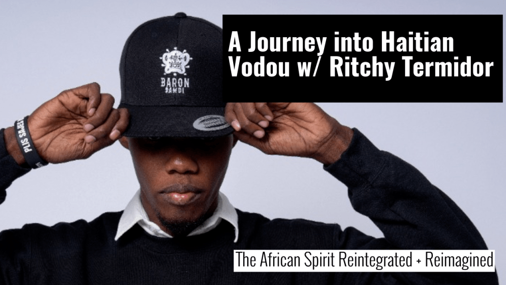 Guest Ritchy Thermidor donning a hat with the name and veve for Baron Samdi, a loa in Haitian Vodou culture.